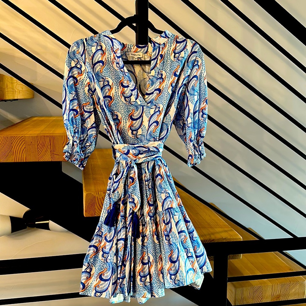 Paolita size medium blue, orange and white flouncy dress.